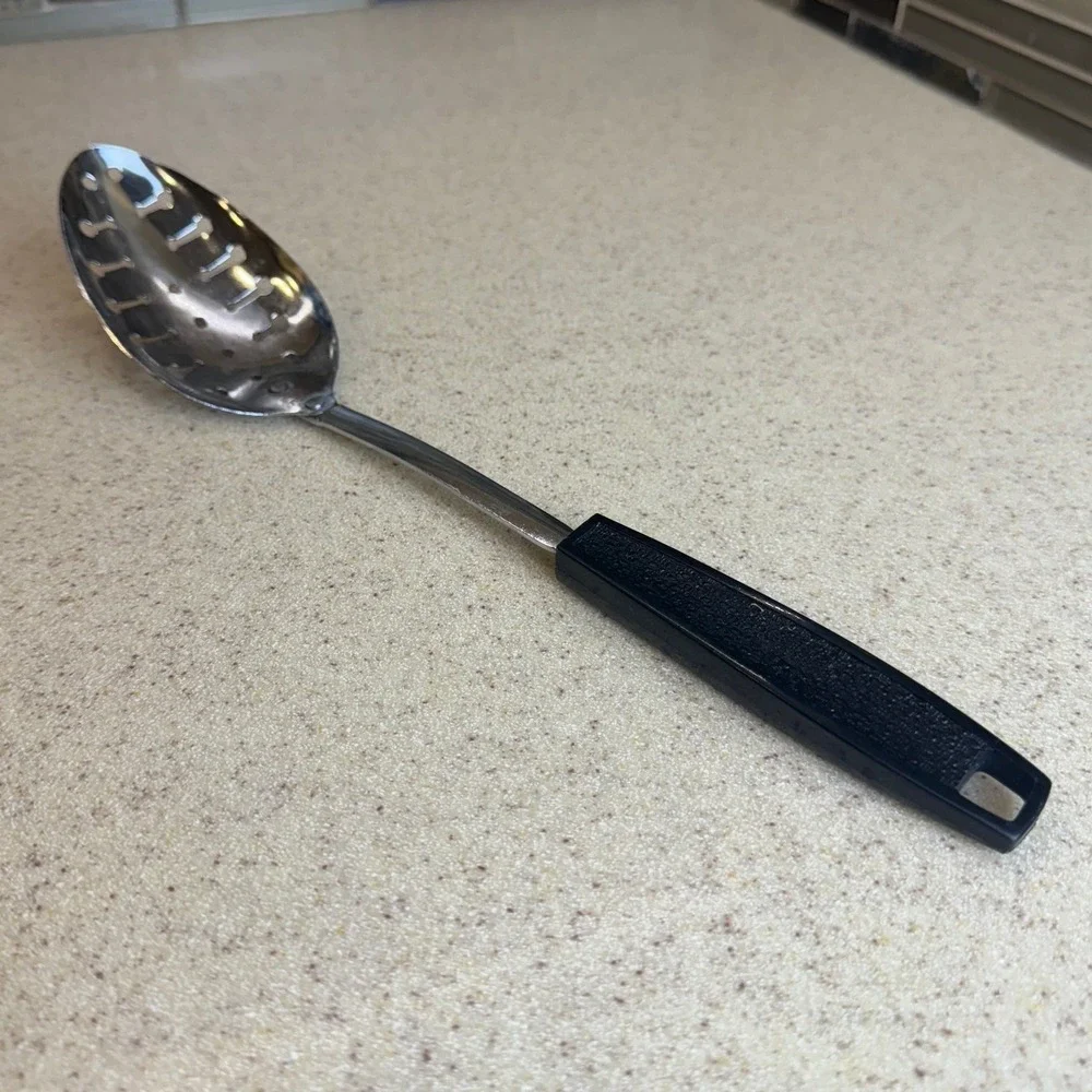 Vintage EKCO Slotted‎ Spoon Chromium Plated Black Handle USA Kitchen Utensil